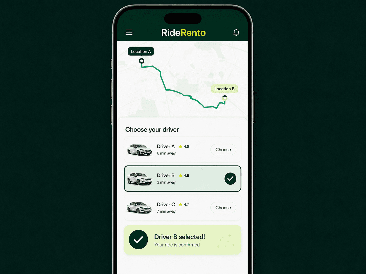 RideRento mobile interface showing a preferred driver selected