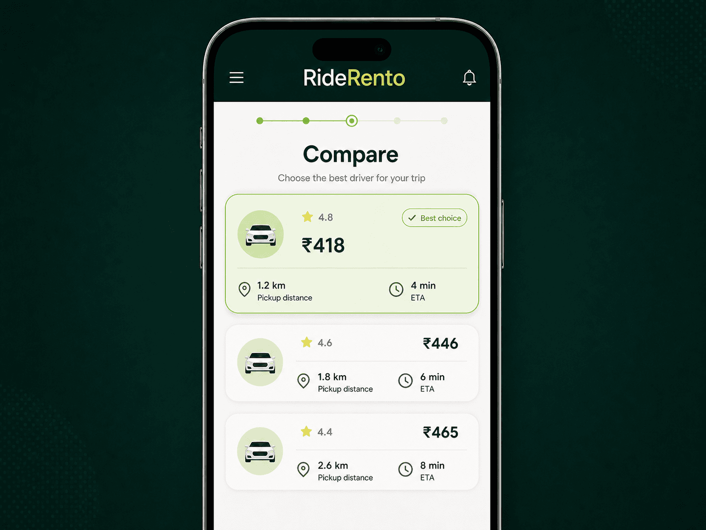 RideRento mobile interface comparing driver fares, ratings, distance, and ETA